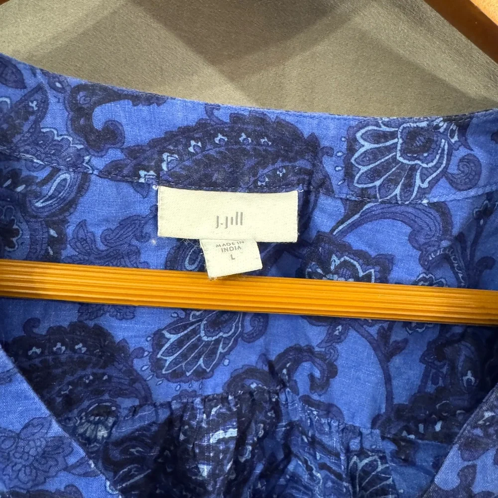 J.Jill Blue Paisley Cotton Voile Pintuck Button Front Blouse - Size Large - Picture 4 of 5